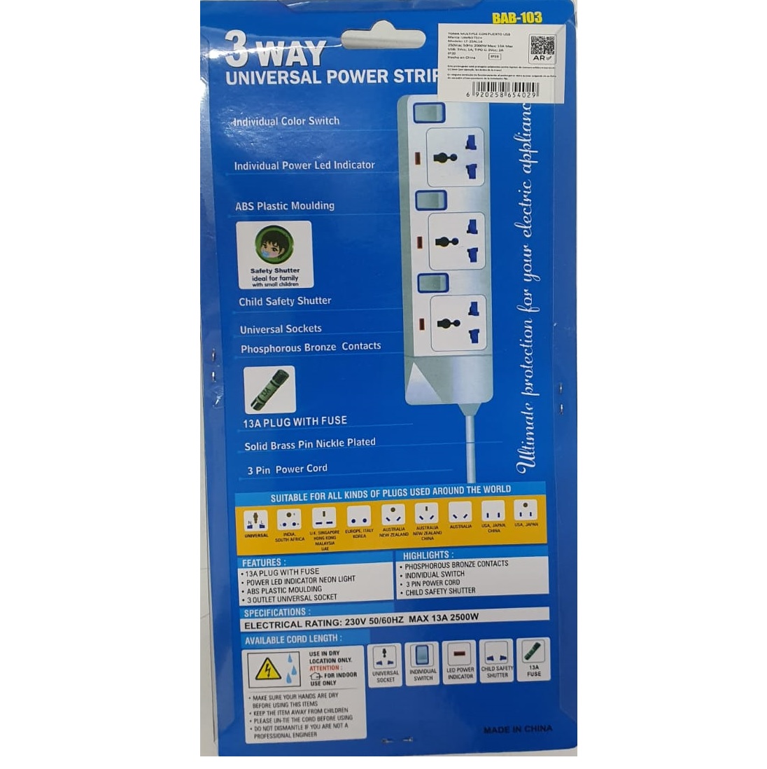 Alargue Zapatilla 3tomas +2 USB +1 TipoC 1,8mt - Image 2