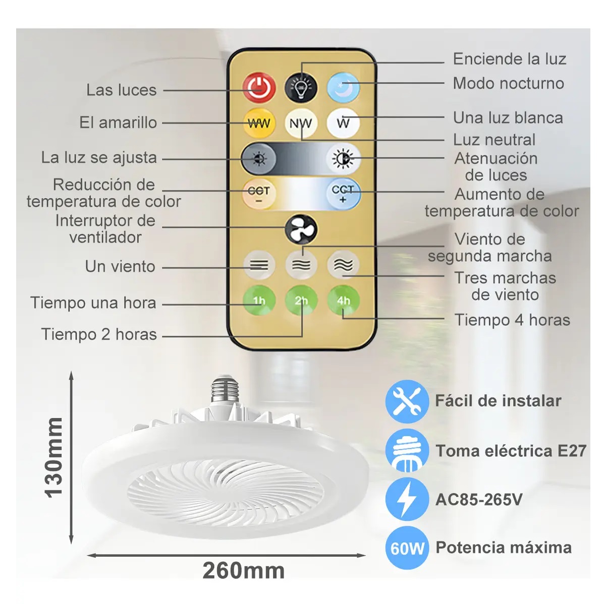 Lampara Ventilador E27 Control remoto - Image 3